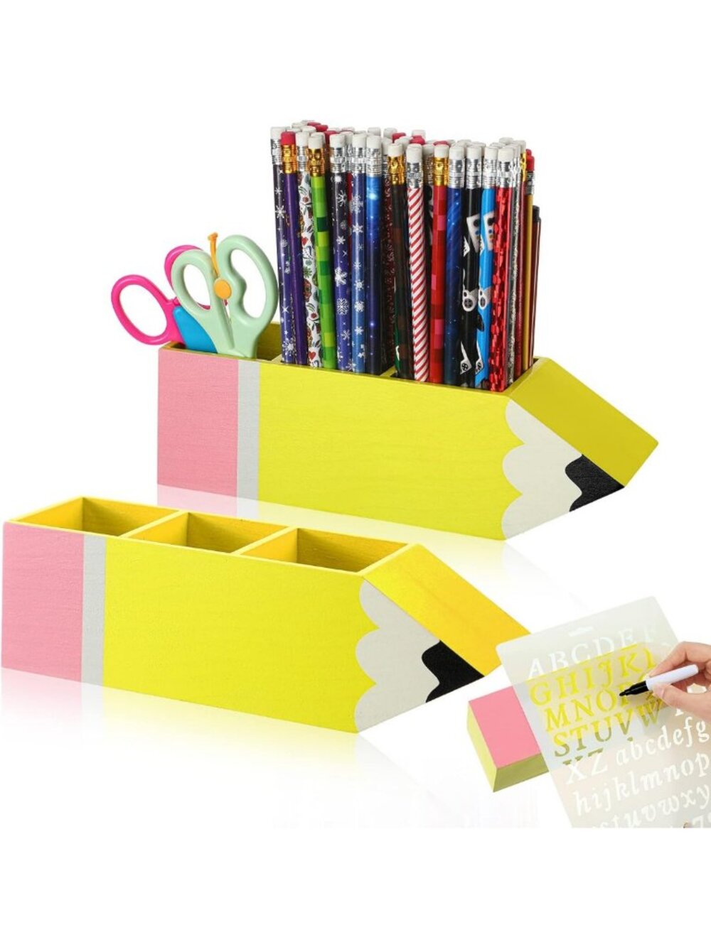 6-Piece Wooden Pencil Holder Set for Teachers - DIY Organizer with Stencils